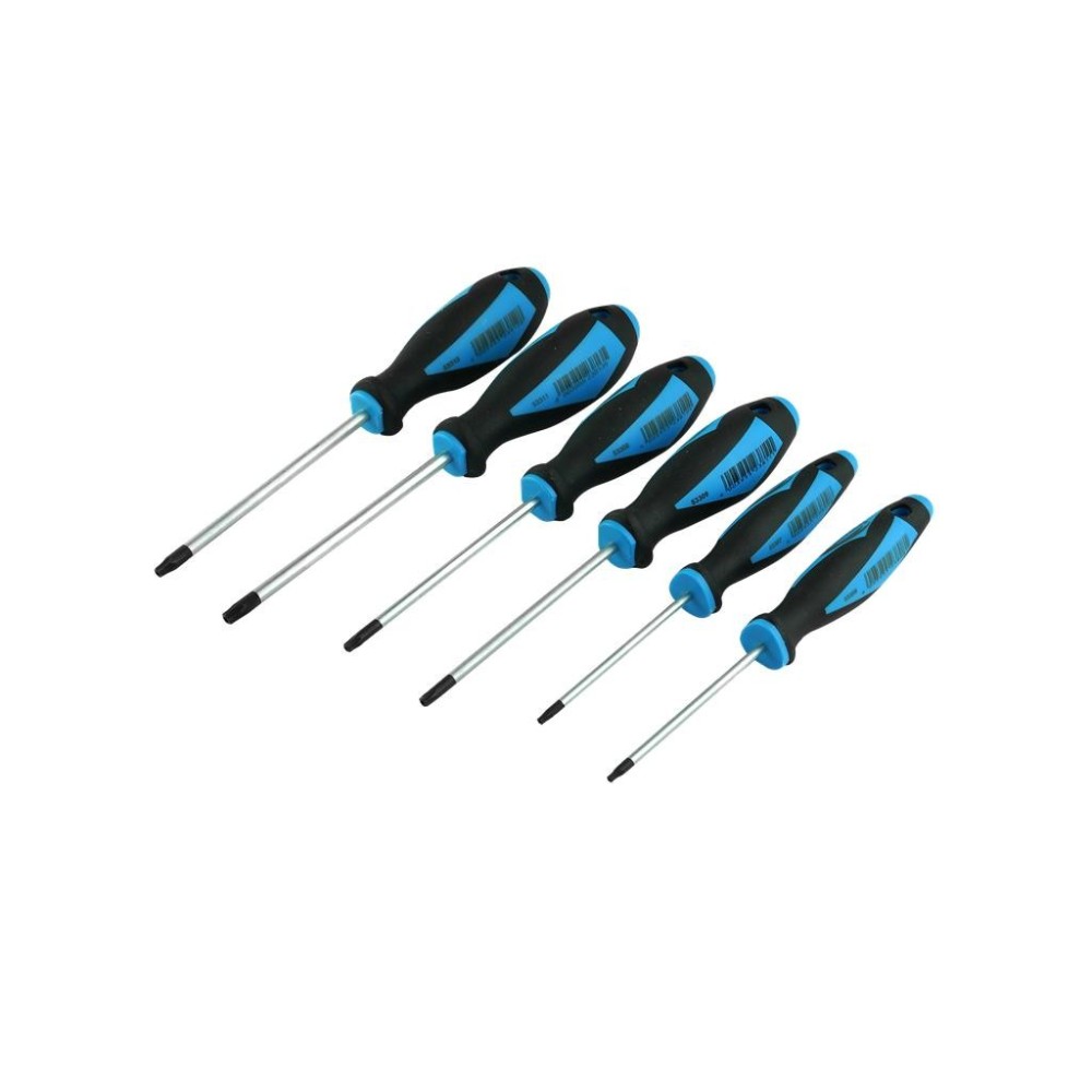 Juego de destornilladores, 6 piezas, tipo TX 10 a TX 30 con orificio, incluye espuma para carros de taller.