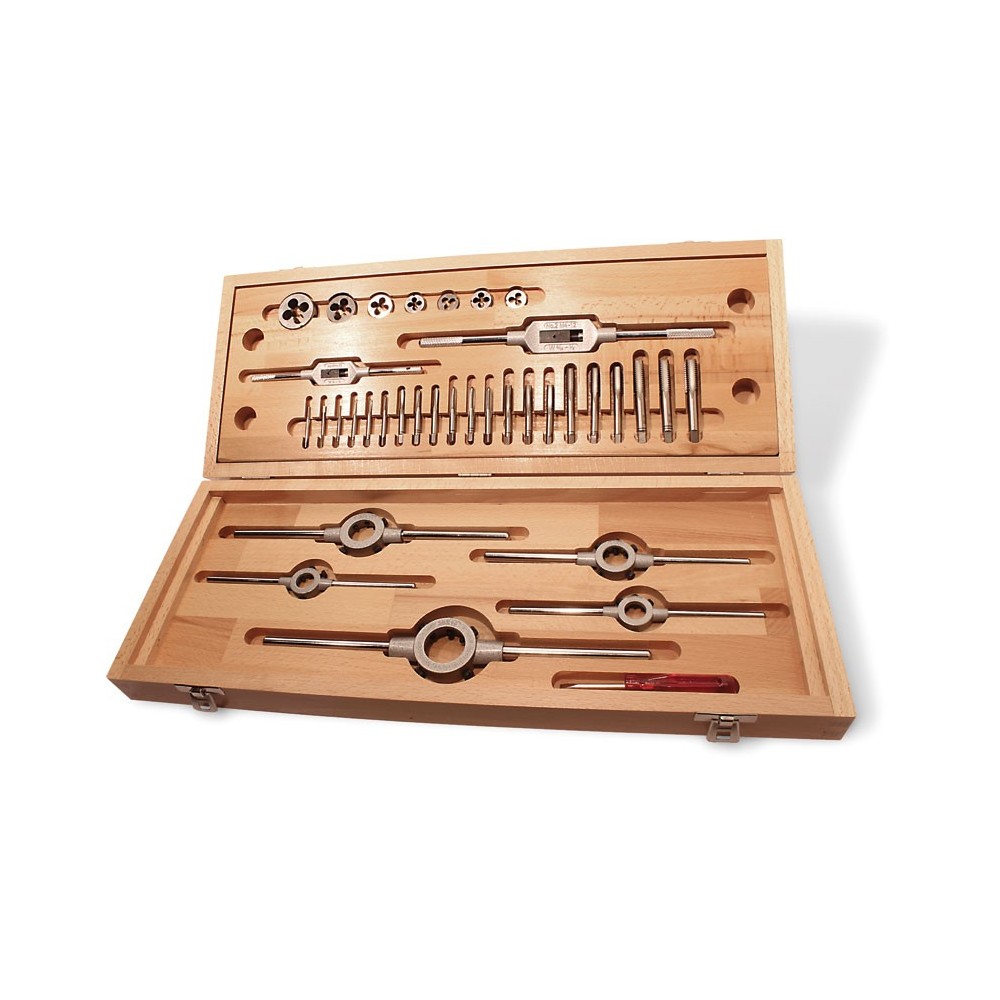 Juego de machos de roscar manuales HSS M3-M12 en caja de madera