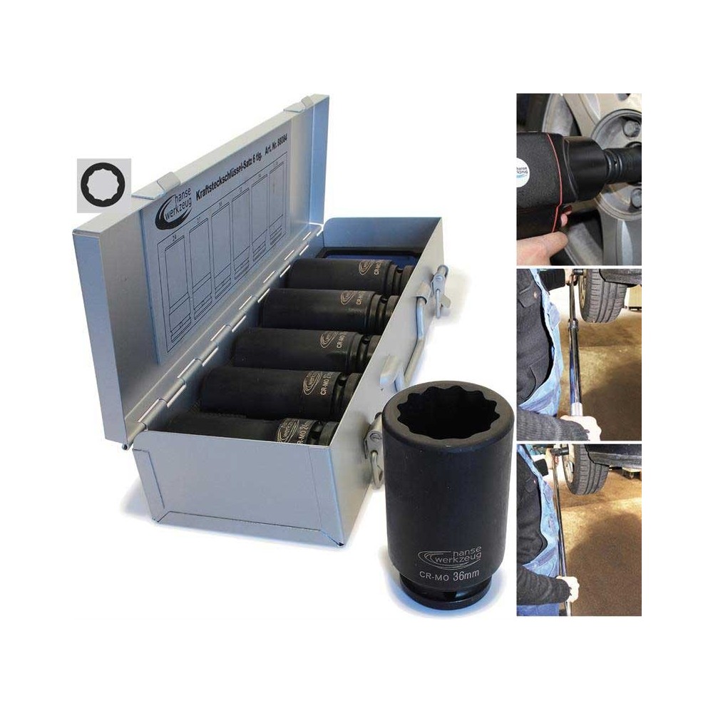 Juego de 6 vasos de impacto de 3/4' en estuche metálico, 12 puntas