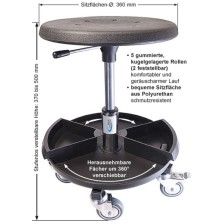 Taburete de montaje Sigma 400S con base de acero, asiento de PU y compartimento de almacenamiento