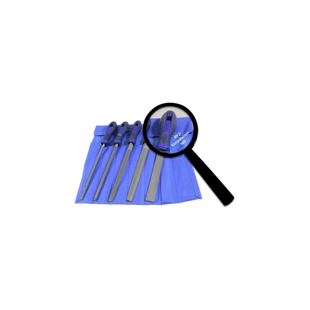 Juego de limas de 5 piezas en bolsa enrollable con mango de 2 componentes