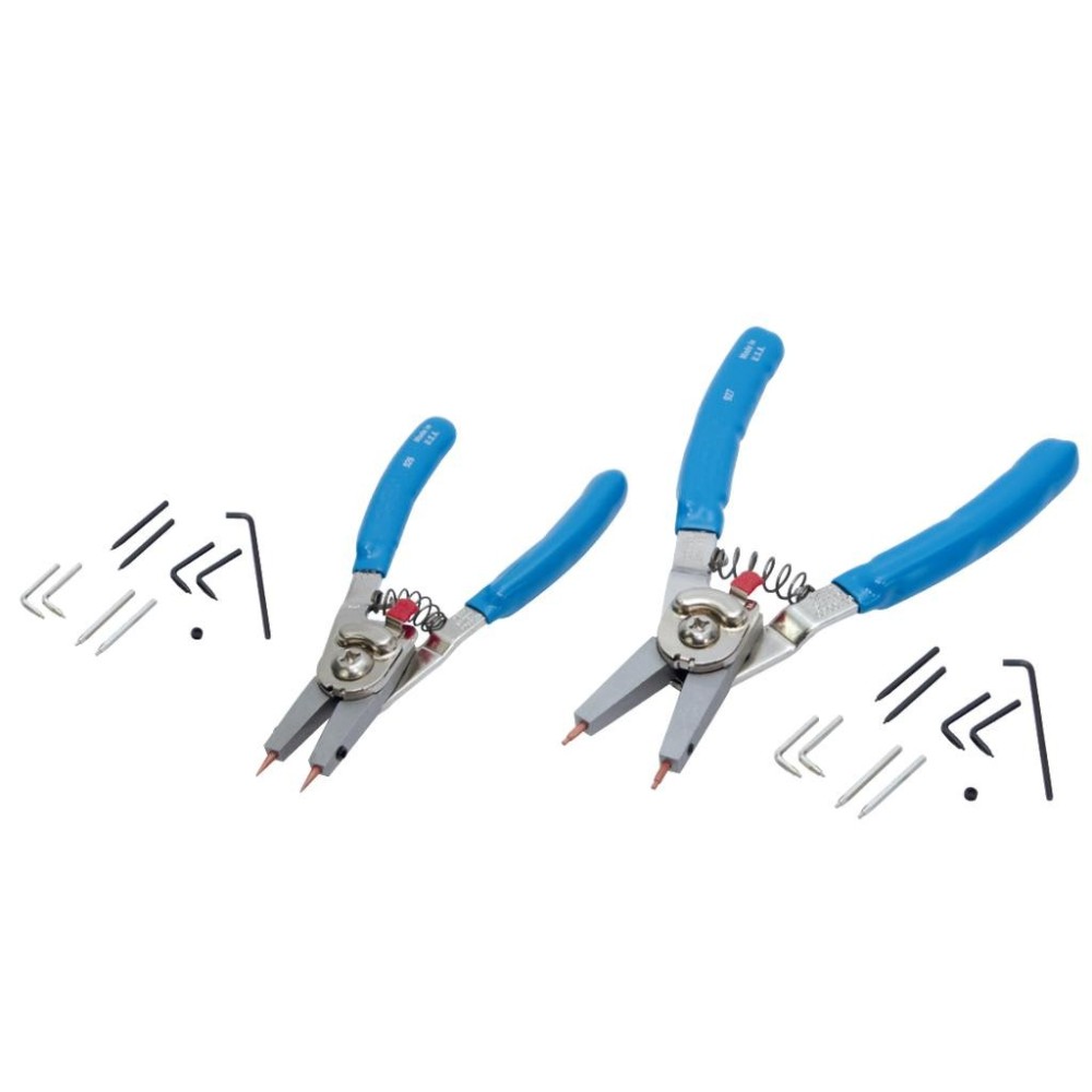 Juego de 2 alicates para anillos de retención, tamaño I y II, con puntas intercambiables de 0° y 90°