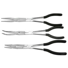 Juego de 3 alicates de doble articulación. Alicates de punta puntiaguda (recta/45°) y plana, de aprox. 300 mm de largo.