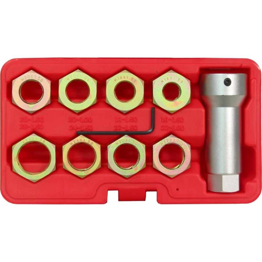 Juego de tuercas de corte de rosca, 9 piezas: M16 x 1,5 / 18 x 1,5 / 20 x 1 / 20 x 1,5 / 22 x 1 / 22 x 1,5 / 24 x 1,5 / 28 x 1,