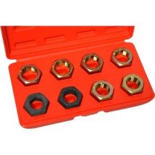 Juego de 8 tuercas roscadas con corte hexagonal de 32 mm en caja de plástico.