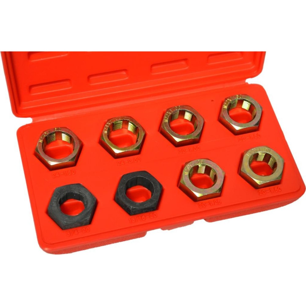 Juego de 8 tuercas roscadas con corte hexagonal de 32 mm en caja de plástico.