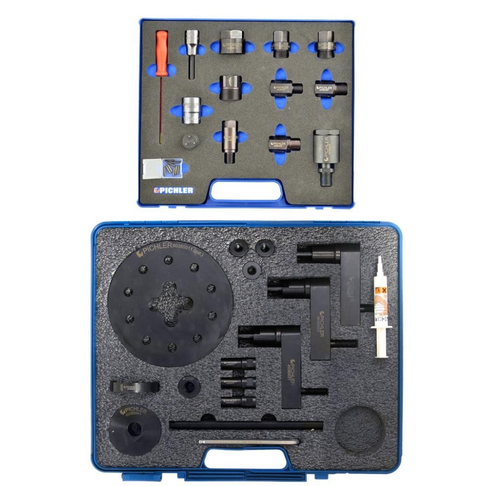 Kit universal de extracción de inyectores sin cilindro hidráulico de pistón hueco con juego de adaptadores (Bosch, Denso, Sieme