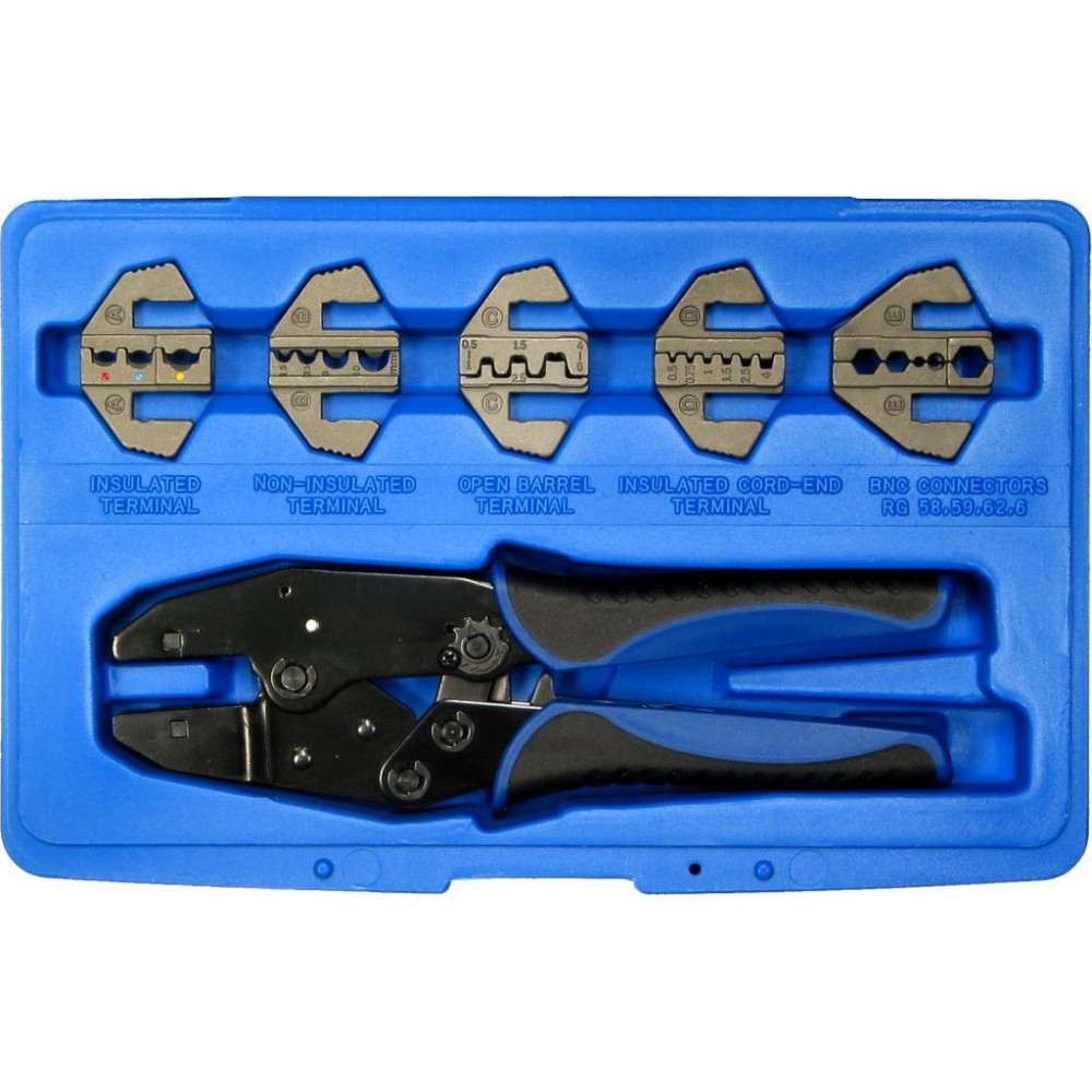 Juego completo de herramientas de crimpado con 5 insertos para conectores coaxiales y terminales de cable / 1 unidad básica