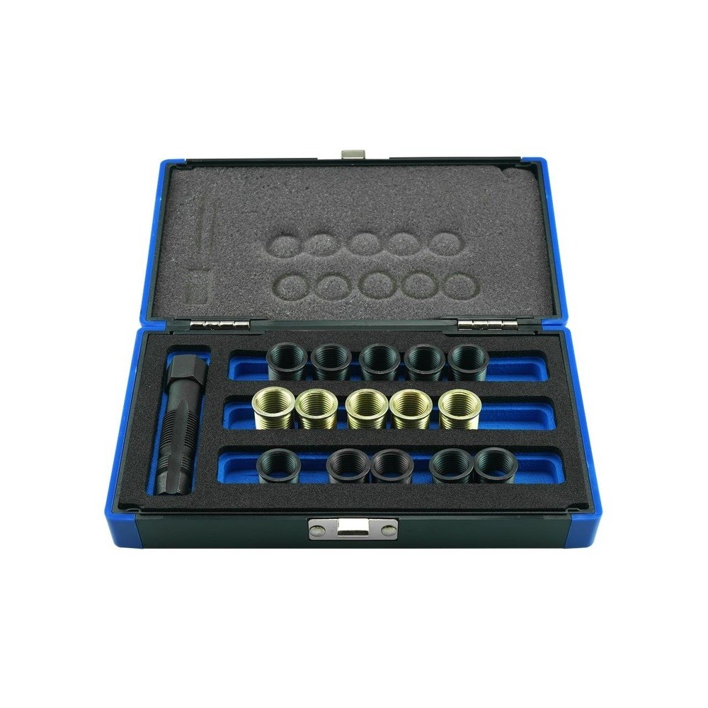 Juego de herramientas para reacondicionamiento de roscas de bujías, 16 piezas, casquillos M14x1,25 11,3/17,5