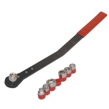 JUEGO DE HERRAMIENTAS PARA TENSOR DE CORREA AUXILIAR (8 piezas). Carraca extralarga (460 mm). Vasos especiales: 13, 14, 15, 16