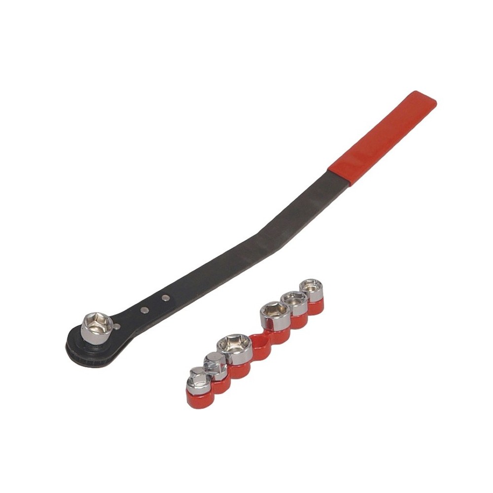 JUEGO DE HERRAMIENTAS PARA TENSOR DE CORREA AUXILIAR (8 piezas). Carraca extralarga (460 mm). Vasos especiales: 13, 14, 15, 16