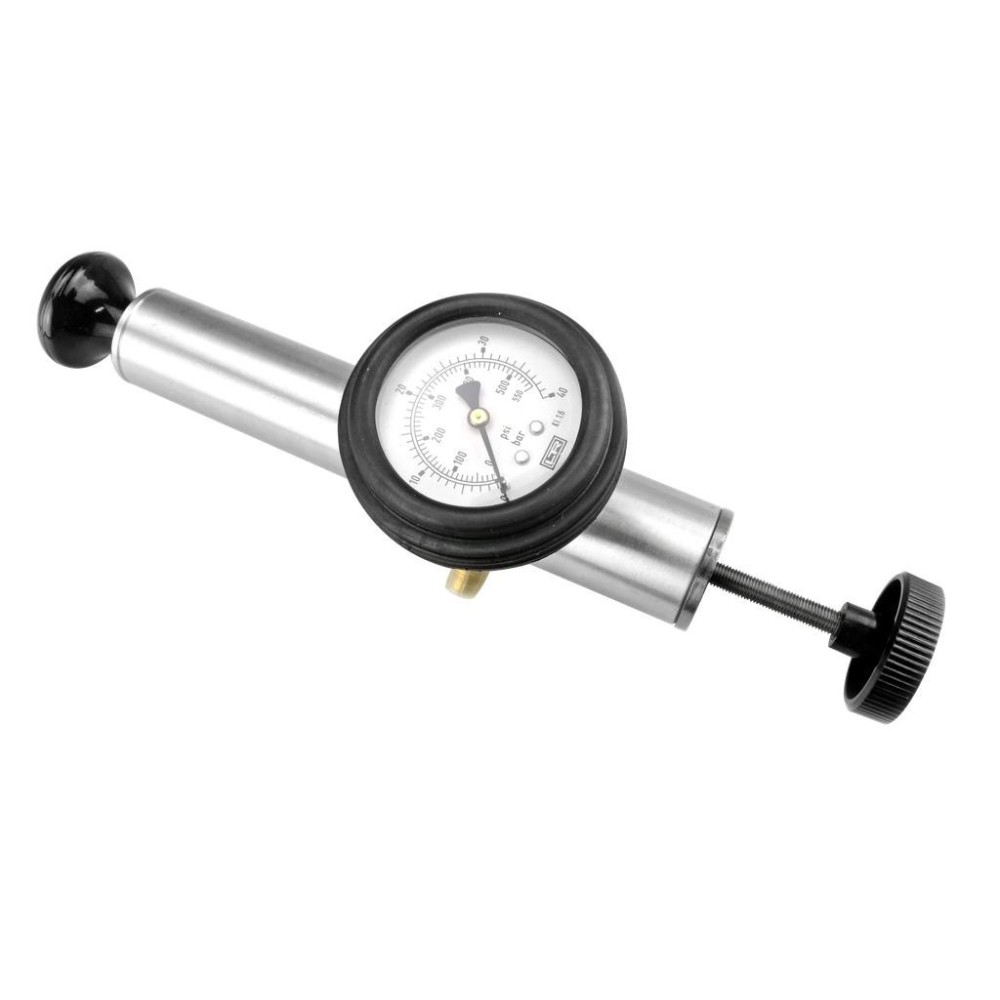 Bomba manual de alta presión HV 90.3 de 0 a 40 bar, por ejemplo para probar presostatos de aceite o frenos neumáticos.