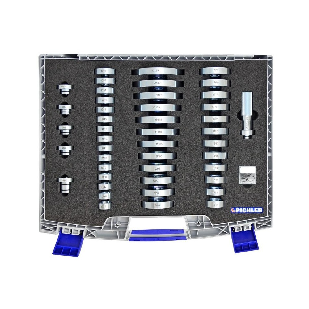 Juego de prensas universales (45 piezas, Ø50-135 mm, incluye guía de Ø34 mm a Ø55 mm)