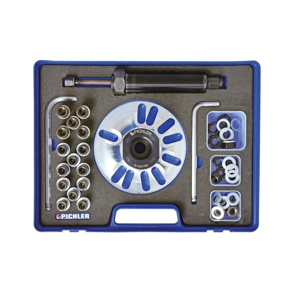 Extractor de cubo de rueda universal con husillo hidráulico, adaptadores, tornillos de montaje y tuercas