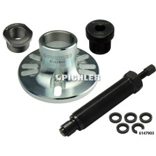 Extractor de cubos de rueda y ejes de transmisión en estuche con husillo hidráulico, adaptadores y anillos cónicos