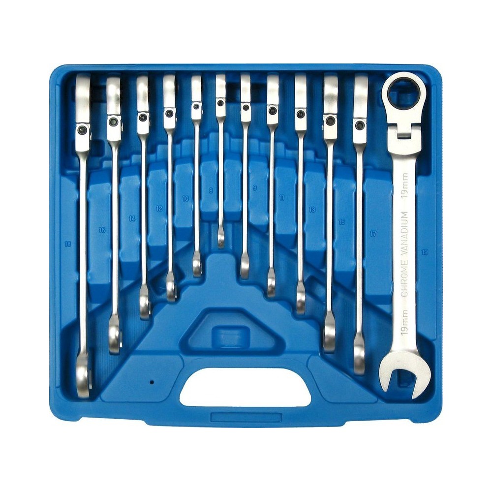 Juego de llaves de boca y de estrella con dentado fino y articulación de 90°, 12 piezas, tamaños 8 - 19 mm, casete