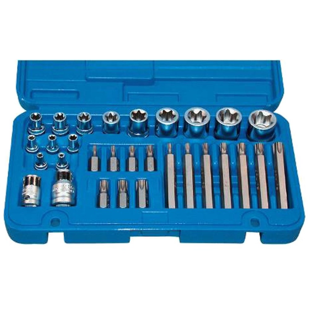 Juego completo de llaves Torx, perfil E+T, 30 piezas. Conexiones hexagonales interiores de 1/4', 3/8', 1/2' y exteriores de 10