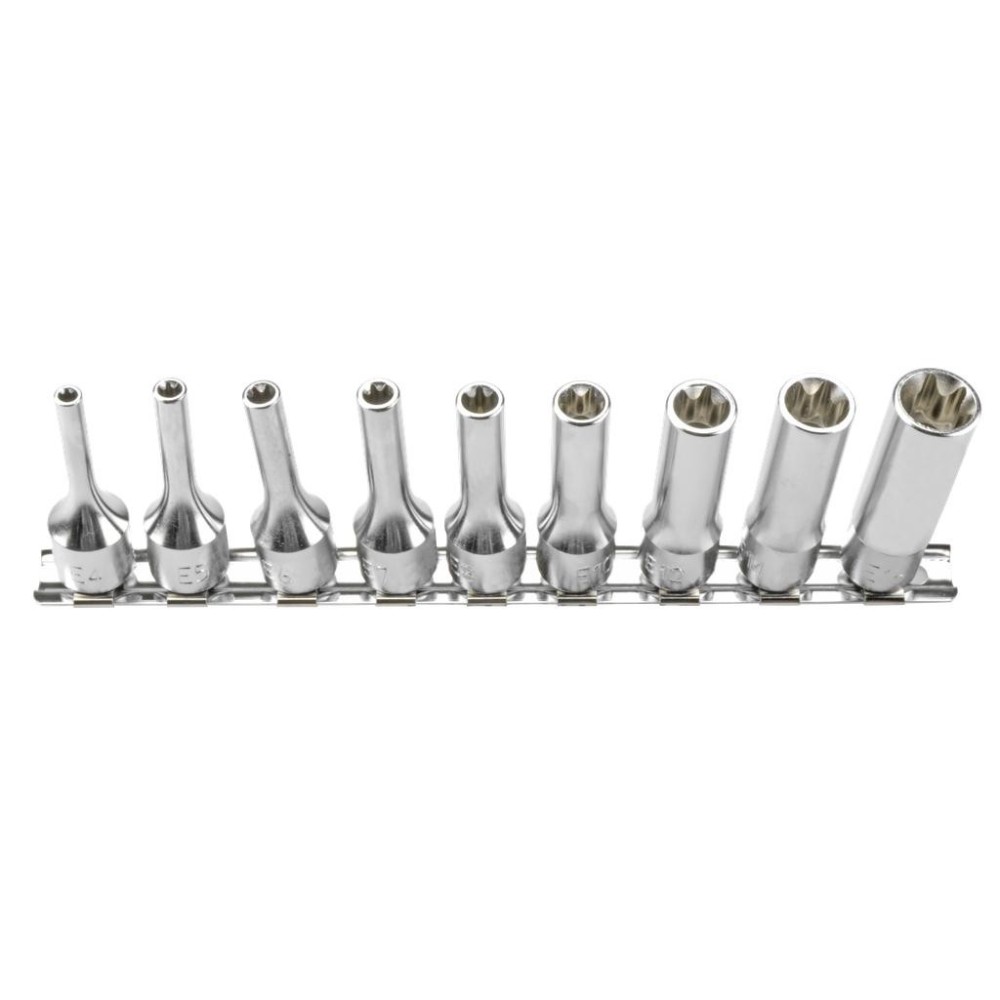 Juego de 9 vasos con punta de perfil E, E4 - E16, accionamiento de 3/8' x 55 mm de largo