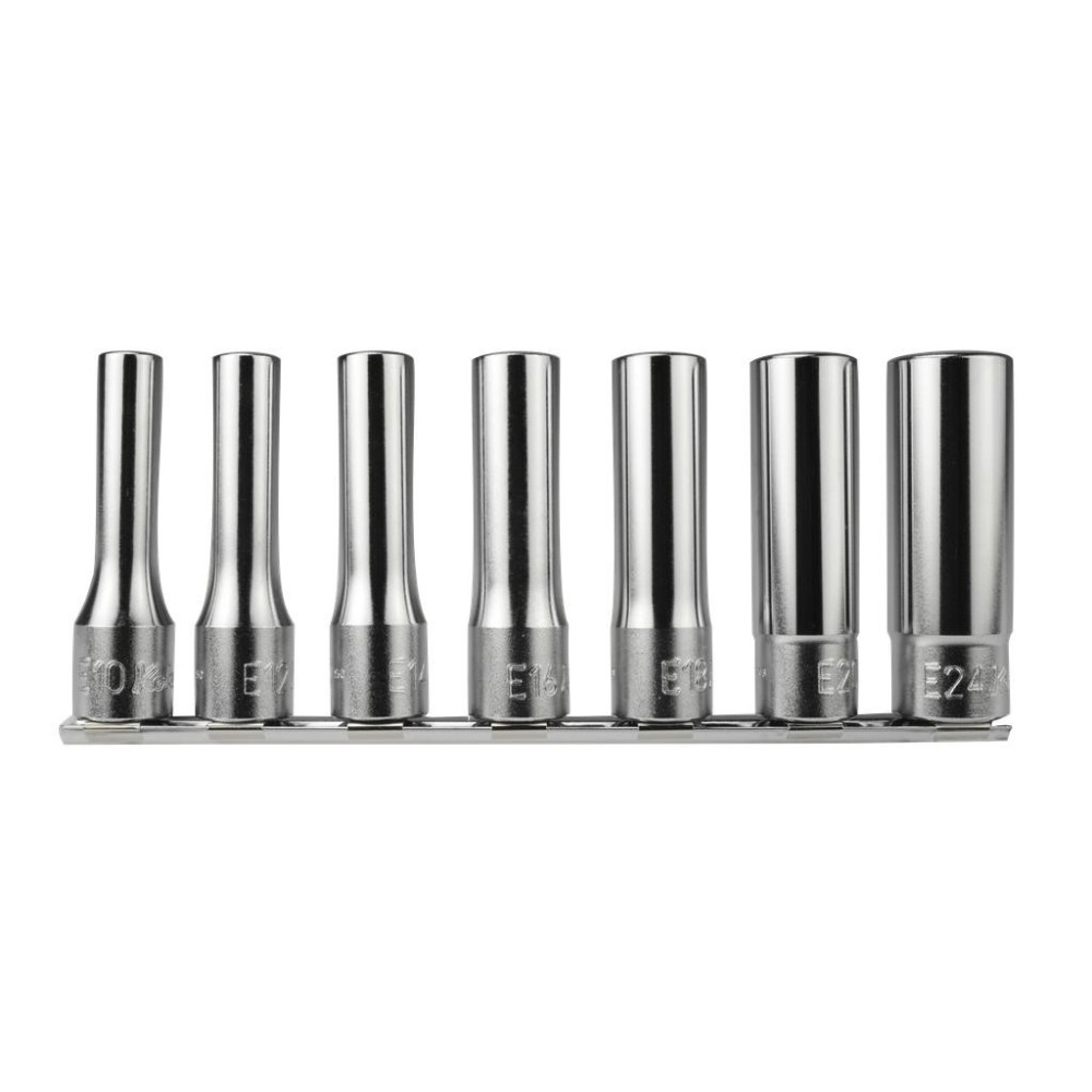 Juego de 6 vasos con punta de perfil E, E10 - E24, accionamiento de 1/2' x 77 mm de largo, sobre riel