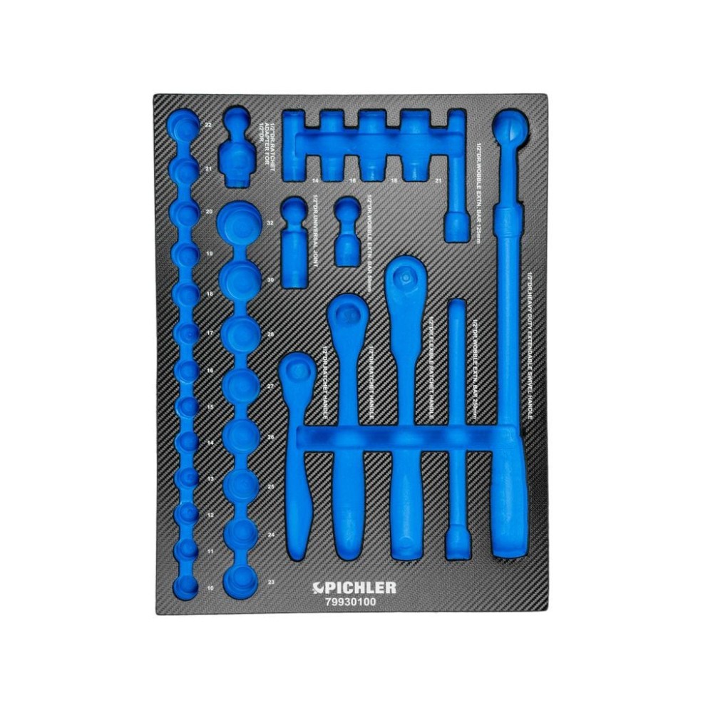 Inserto para juego de llaves de vaso 79930100 de 1/2', 34 piezas, 376x495x32 mm