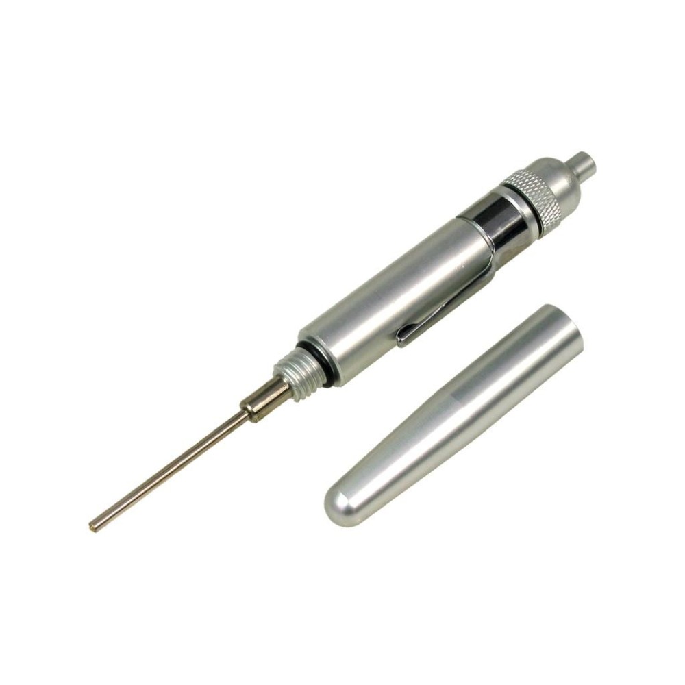 Engrasador de precisión fabricado en aluminio con forma de bolígrafo.