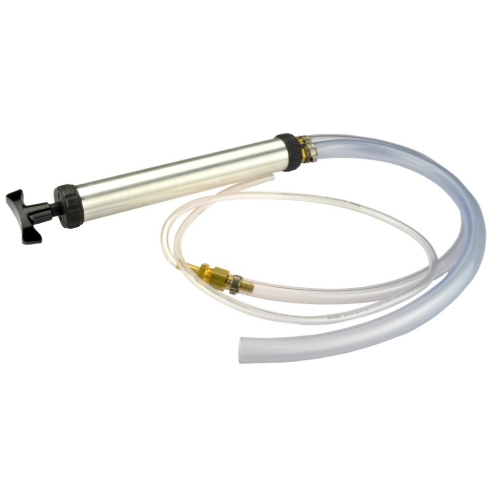 Bomba universal de doble efecto de 250 ml de volumen, carcasa de aluminio con mangueras de plástico.