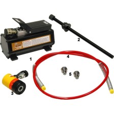 Conjunto hidráulico de 6 piezas: bomba de pie de 12 toneladas, cilindro de pistón hueco, manguera, adaptador, husillo