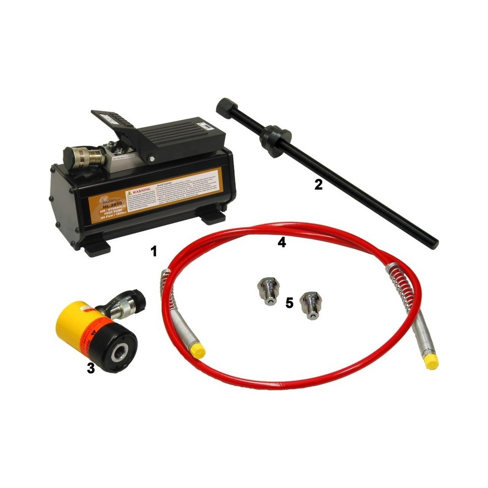 Conjunto hidráulico de 6 piezas: bomba de pie de 12 toneladas, cilindro de pistón hueco, manguera, adaptador, husillo