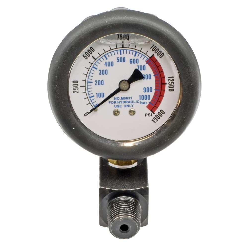Manómetro para, por ejemplo, bombas hidráulicas de 0 a 1000 bar, Ø 63 mm con adaptador de 1/4' NPT, lleno de líquido.