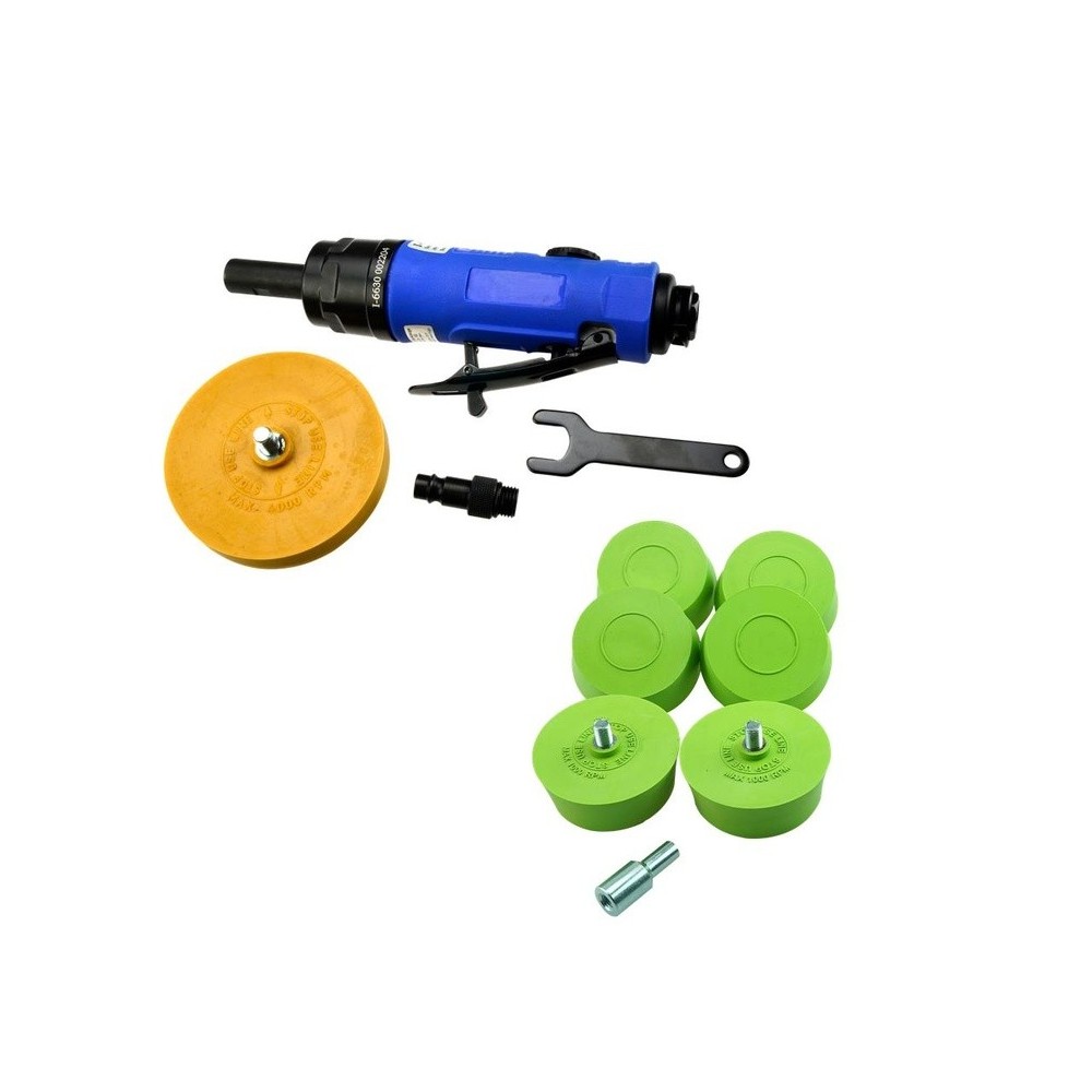 Juego de 7 borradores neumáticos. Discos de goma para llantas con adaptador incluido.