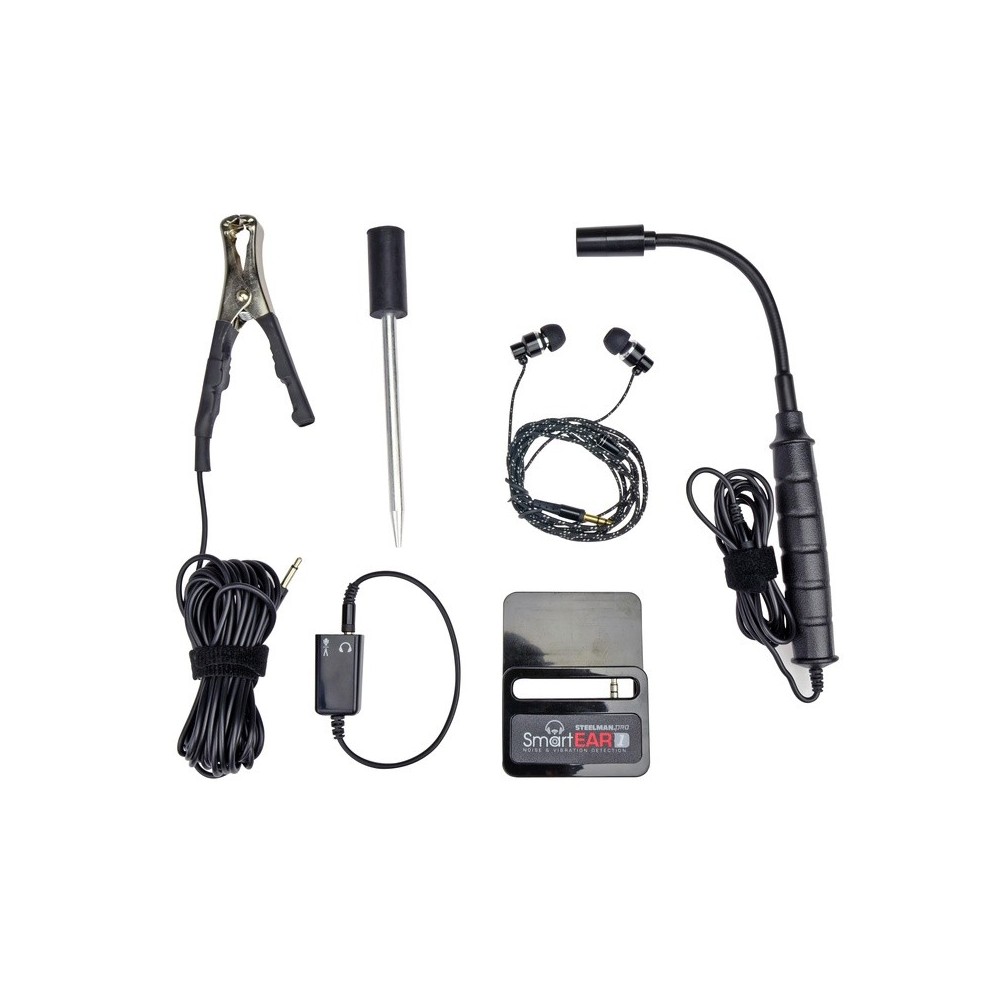 Estetoscopio 'Smart-Ear' con tapones para los oídos, pinza para sensor y pantalla en un teléfono inteligente.