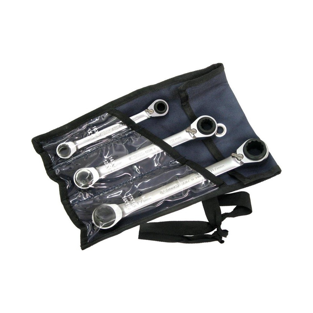 Juego de llaves de carraca de doble anillo, 3 piezas, sistema 4 en 1: 8/11 y 9/10 mm + 12/15 y 3/14 mm + 16/19 y 17x18 mm