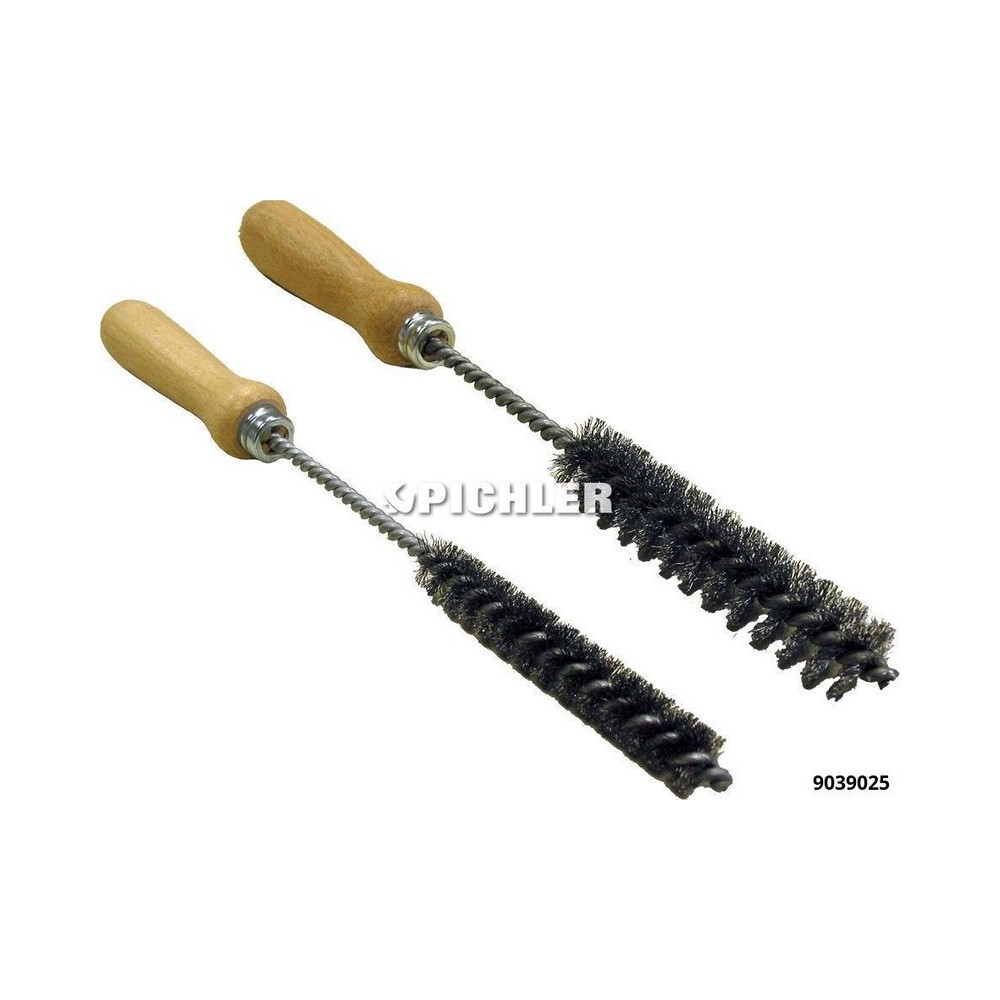 Juego de cepillos de alambre de acero para agujeros, 2 piezas, 15x100 y 20x100, longitud total 280,00 mm, con mango de madera.