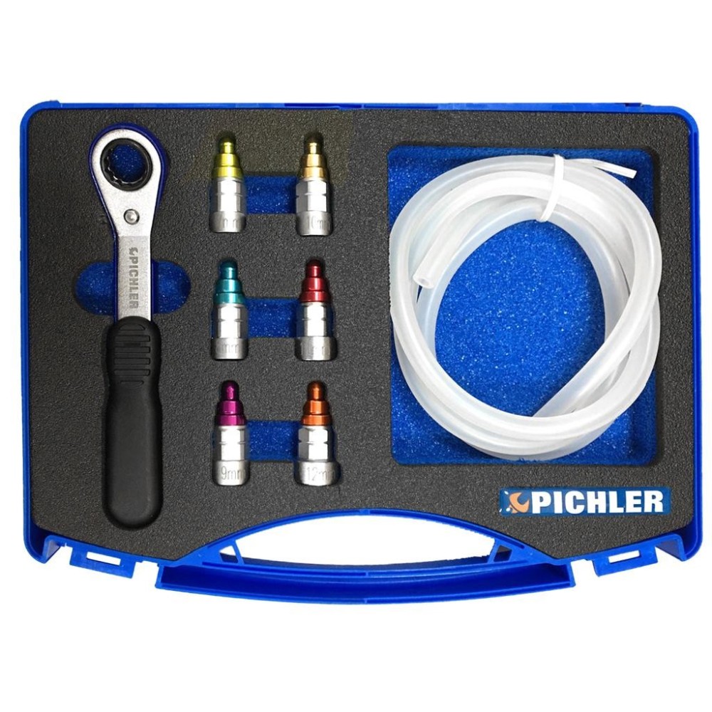 Juego de 8 vasos para purga de frenos de 7 mm a 12 mm con llave de carraca de 13 mm y válvula antirretorno integrada.