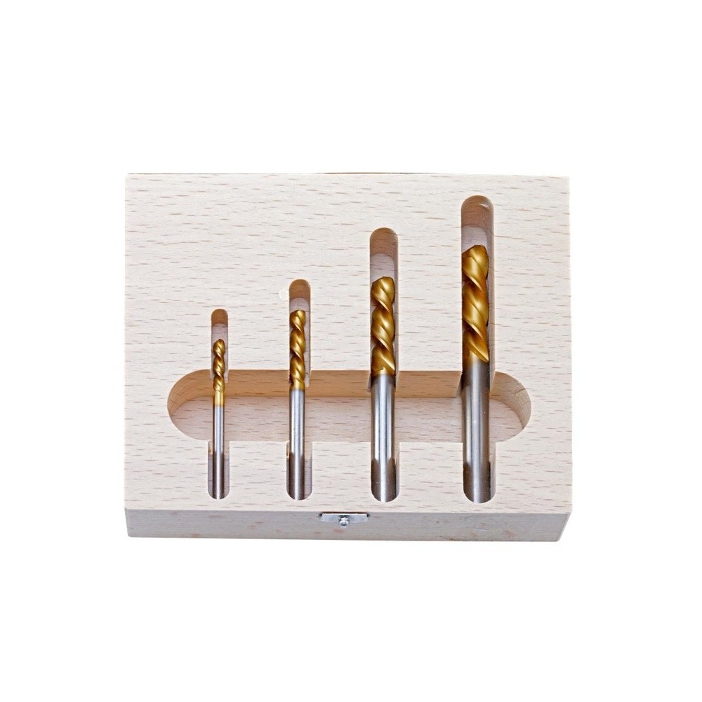 Juego de brocas HSSE-TIN para izquierdas en estuche, 4 piezas, 3/4/6/7 mm, versión extracorta