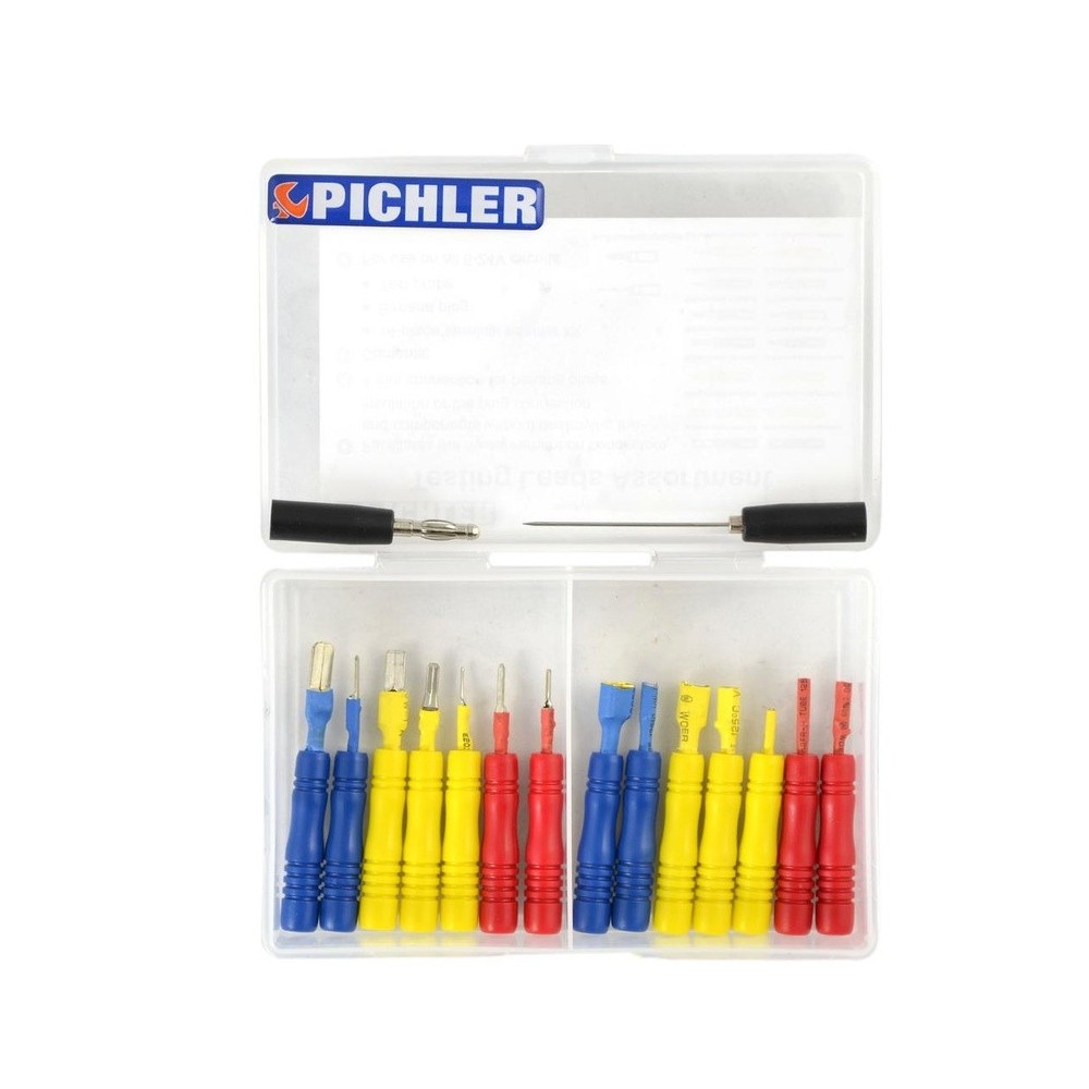 Equipo de prueba con comprobador de potencia y tierra, agujas de prueba, conectores banana y 14 sondas planas.