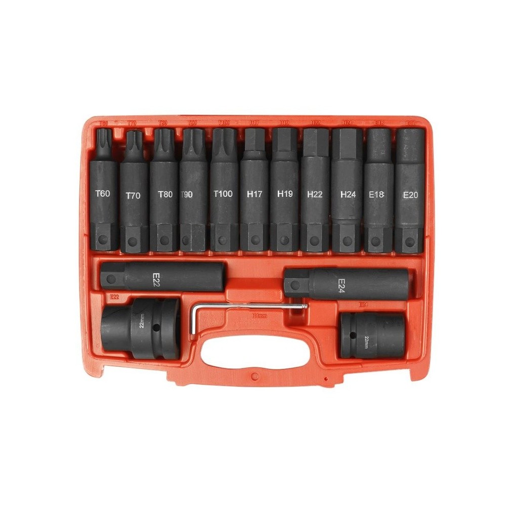 Juego de puntas XXL de alta resistencia de 15 piezas. Hexagonal, Torx-TX, E-Torx, con accionamiento 3/