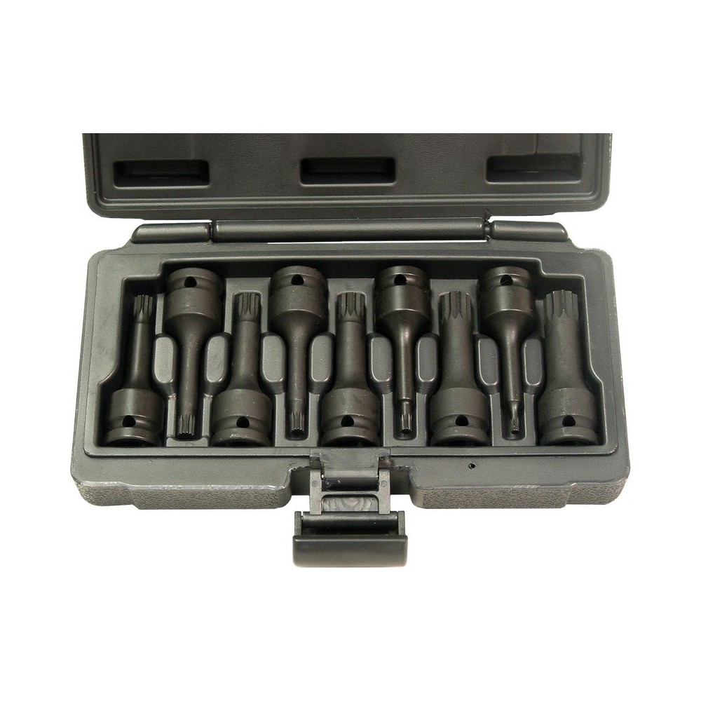 Juego de vasos de impacto multidientes, 9 piezas, XZN M4 a XZN M16, accionamiento 1/2', L 75 mm en casete