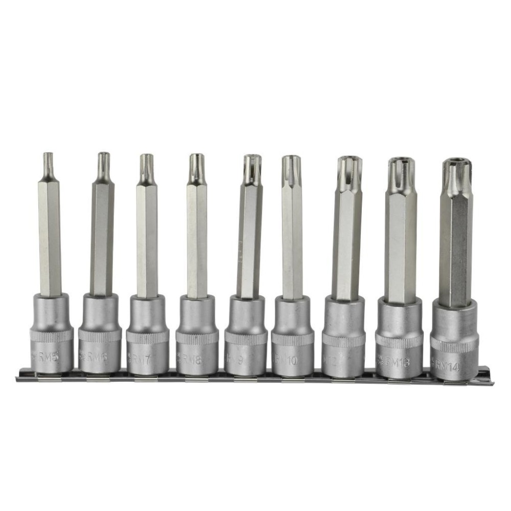 Juego de vasos con punta RIBE, 9 piezas, M5 a M14, a prueba de manipulaciones, longitud de entrada de ½', sobre raíl.