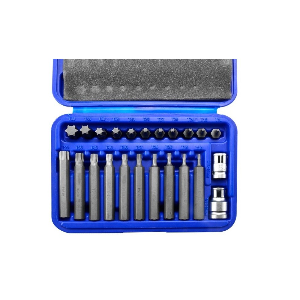 Juego de puntas Torx, 23 piezas, vástago de 10 mm, 3/8' + 1/2' TX 10 a TX 60 corto/largo