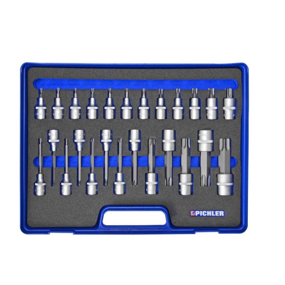 Juego de vasos con punta Torx de ½', 26 piezas, T20 a T100, longitudes de 55 mm, 100 mm y 140 mm