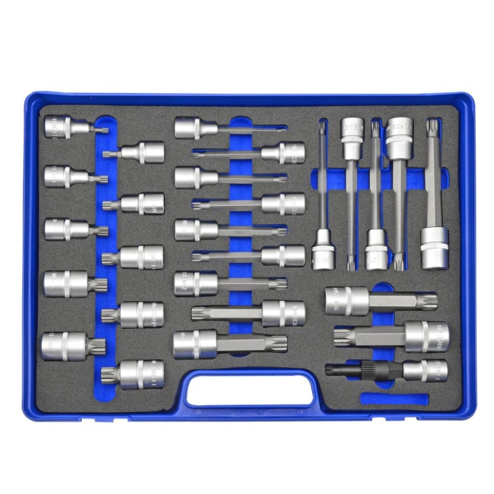 Juego de vasos con punta estriada de ½', 27 piezas, XZN 5 a XZN 18, longitudes de 55 mm, 100 mm y 140 mm