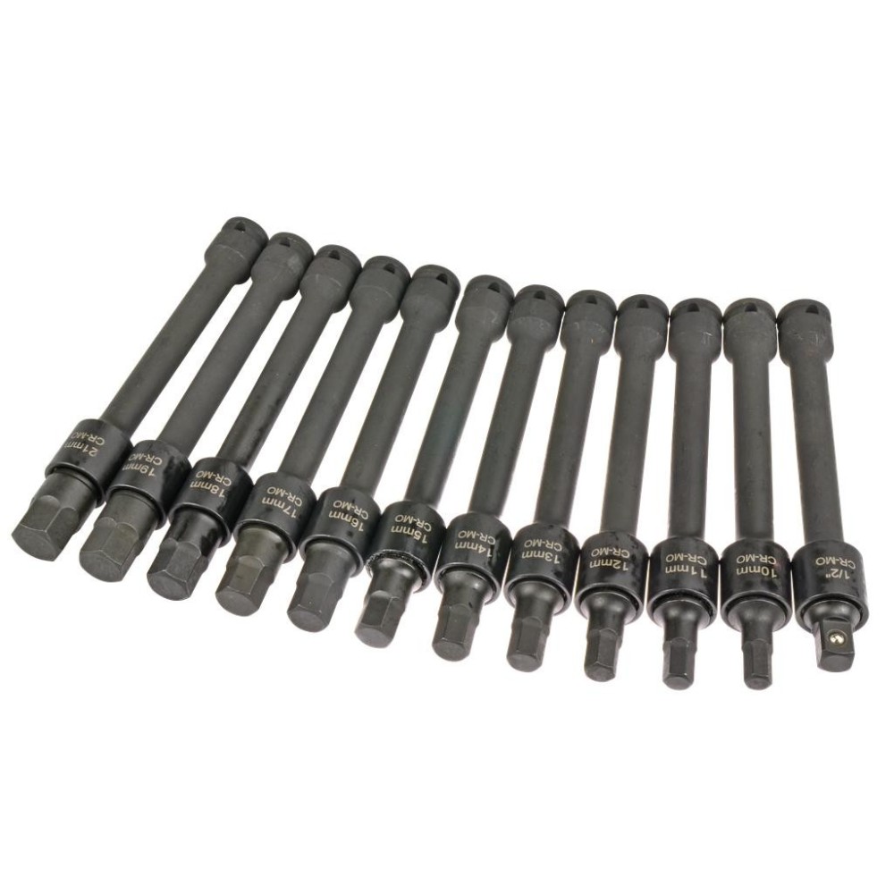Juego de vasos de impacto con punta hexagonal de ½' y 200 mm de largo, 12 piezas de 10 a 21 mm con bloqueo