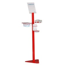 Estación de higiene 4 en 1, recubierta de polvo rojo, que incluye 1 L de desinfectante y 50 mascarillas protectoras.